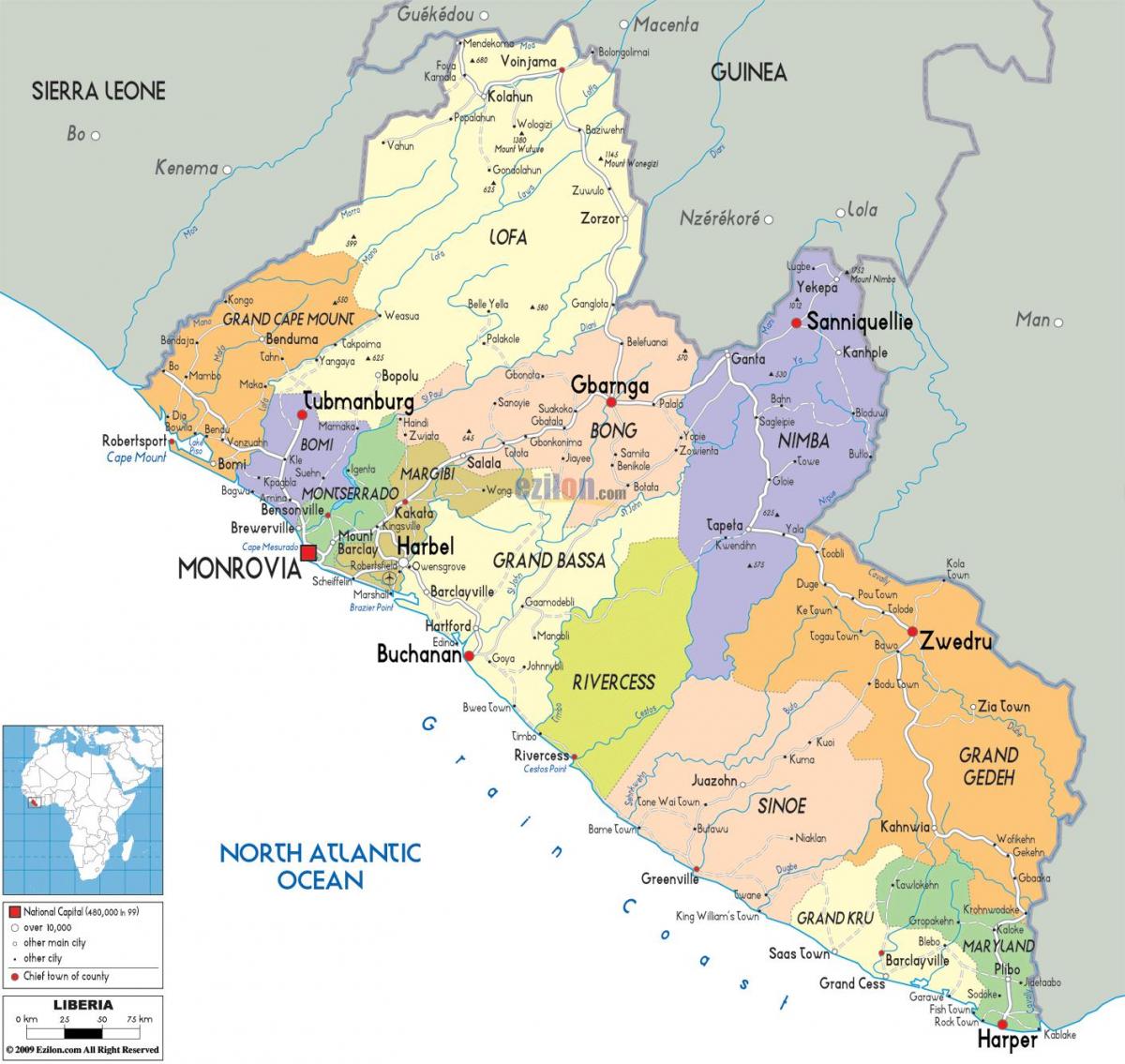 karta zemlje Liberija 