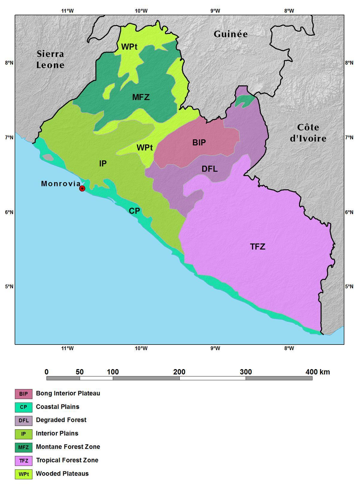 karta Liberiji planine